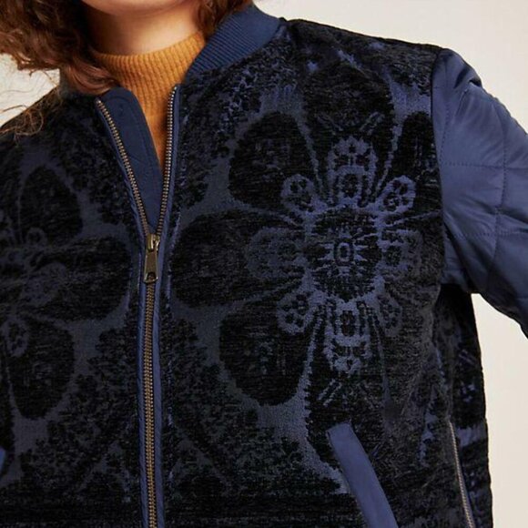 Anthropologie Women’s Clemence Floral Quilted Side Zip Blue Bomber Jacket XS - Picture 6 of 10